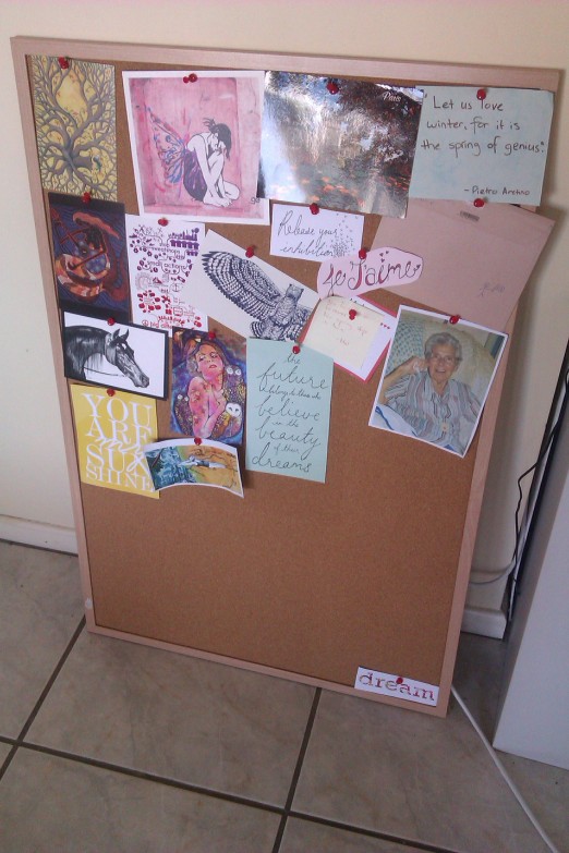 The lonely inspiration board that fell off the wall. Currently in that position because it hides a power point and cord nicely. Oh, and the fabulous lady in the photo is my Great Aunt, aged 92.